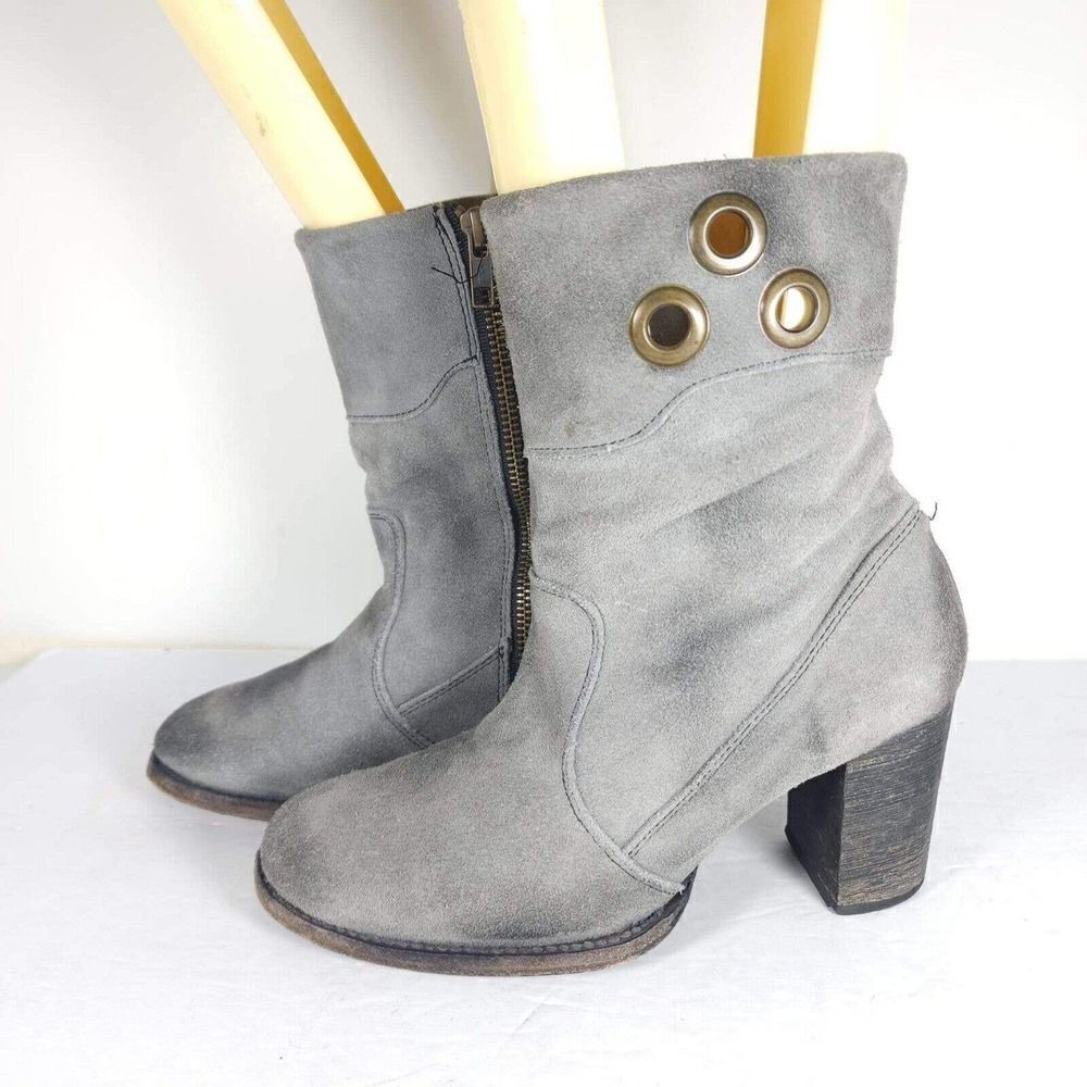 Bed Stu Women's Chris US 7 Gray Leather Distressed Mid-Calf Heeled Boots